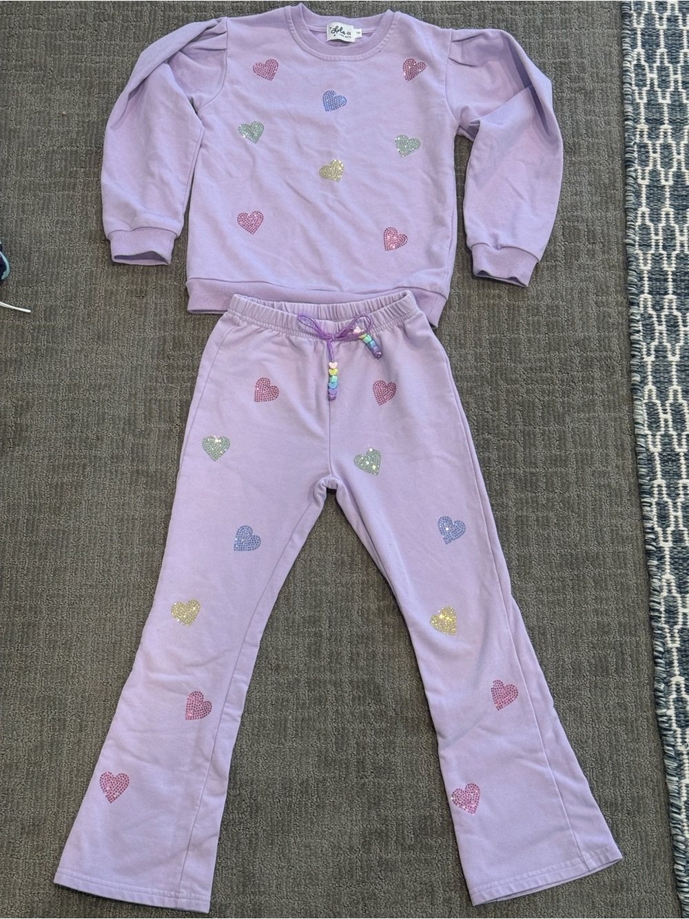 Kids Lavender Crystal Heart Set - Sparkle Heart Sweatshirt & Pants